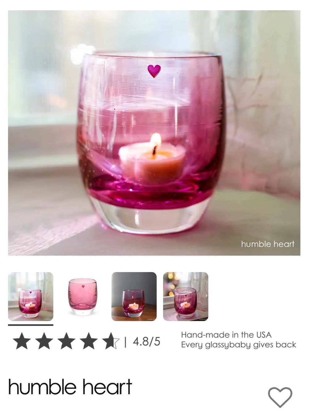 Glassybaby RARE Humble Heart Pink Hand-Blown Glass Votive Candle Holder. New!